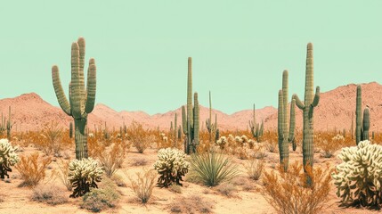 A serene desert landscape adorned with an array of cacti, set against a lofi-style background that enhances its tranquil and retro vibe.