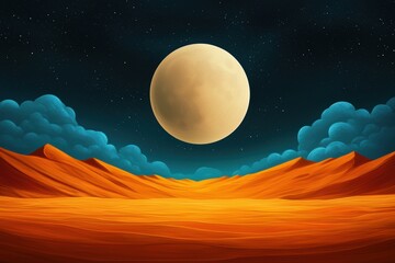 A surreal desert landscape under a large moon, featuring vibrant orange sands and wispy clouds against a starry night sky.