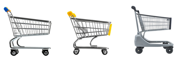 Set of Realistic close-up shot of a metal supermarket shopping cart on transparent png background. Ai generated