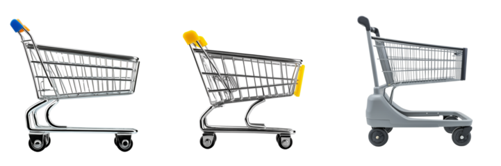Set of Realistic close-up shot of a metal supermarket shopping cart on transparent png background. Ai generated
