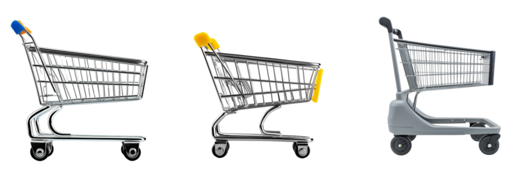 Set of Realistic close-up shot of a metal supermarket shopping cart on transparent png background. Ai generated