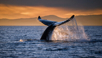 Fototapeta premium A majestic dolphin jumping into the sea at sunset
