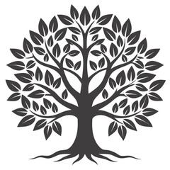 Obraz premium Abstract Silhouette of a Lush, Full Tree with Intertwined Branches and Prominent Root System - A Symbolic Representation of the Tree of Life