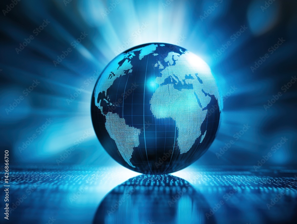 Wall mural digital globe with data and global network, blue background, blurred abstract map of the world in th