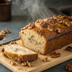 Banana bread loaf with nuts, freshly baked and warm, homemade dessert photography