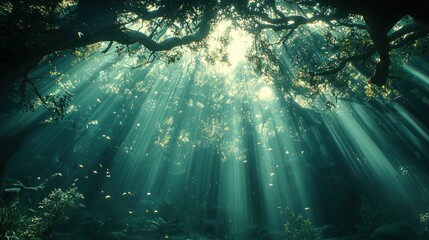 Obraz premium Sunlight filters through underwater forest canopy