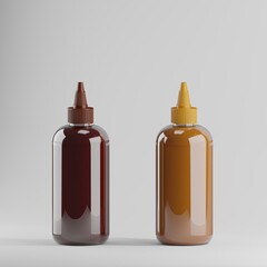  Two clear plastic sauce bottles stand on a light gray background. One bottle contains a dark brown sauce and has a matching cap, while the other holds a yellow/orange sauce with a yellow cap. 