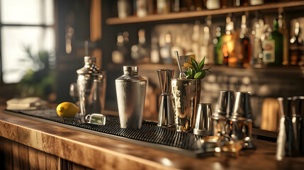 Stylish barware collection on a rustic wooden bar.