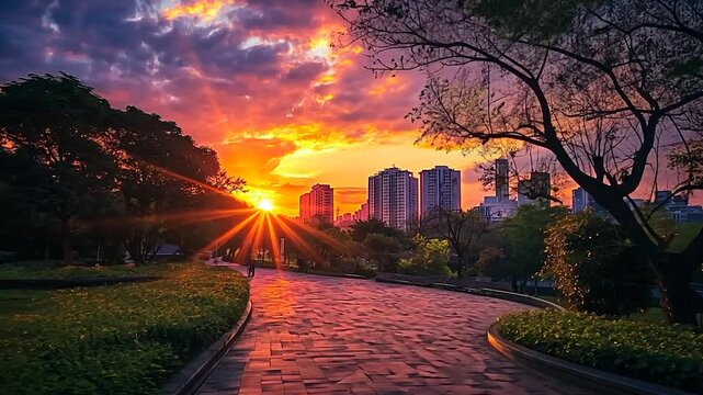 Vibrant sunset over a city park with a winding path and lush greenery, capturing tranquility