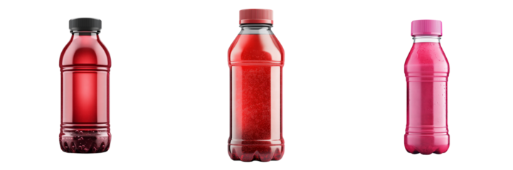 Set of A colorful and playful pink beverage in a clear plastic bottle with a vibrant label on transparent png background. Ai generated