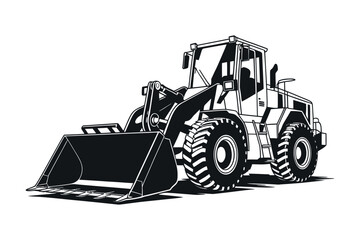 Naklejka premium Black And White Vector Illustration Of Heavy Equipment Wheel Loader For Construction And Mining Applications Ideal For Graphic Resources