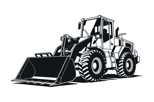 Black And White Vector Illustration Of Heavy Equipment Wheel Loader For Construction And Mining Applications Ideal For Graphic Resources