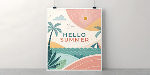 Hello summer poster art print tropical beach vacation illustration wall decor summer vibes aesthetic design