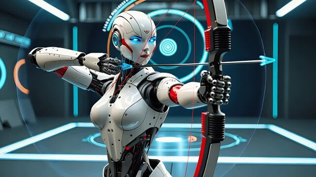 Futuristic female humanoid robot with blue glowing eyes, aiming a bow and arrow in a high-tech digital environment, preparing for a precise shot.

