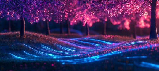 A futuristic meadow where holographic grass bends and waves like liquid light