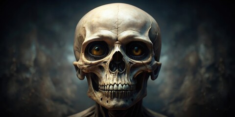 Bony figure with large eye sockets and prominent jawbone displayed against a dark background, mysterious scene