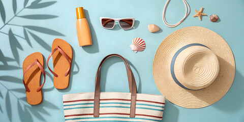Summer beach essentials flat lay with hat sunglasses and flip flops for vacation travel planning concept