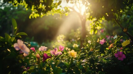 Naklejka premium A serene morning scene showcasing a variety of beautiful flower plants bathed in soft, natural light.