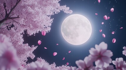 Obraz premium A serene night scene where a bright moon illuminates the sky while cherry blossom petals drift gently in the wind.