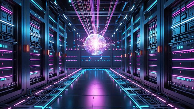 Futuristic digital data center with glowing lasers, neon lights, and high-tech servers, creating a cybernetic and modern virtual environment.

