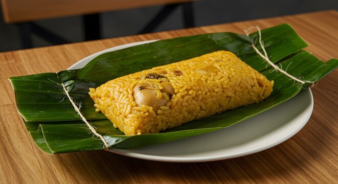 Juane wrapped rice and chicken in banana leaf on a restaurant table
