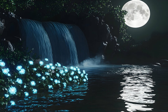 Mystical waterfall scene under a full moon.