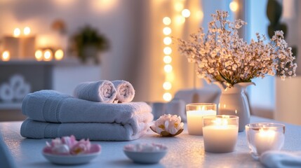 A serene spa setting featuring stacked stones, white orchids, candles, and soft towels creates a relaxing environment.