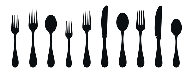 Black Silhouette Of Cutlery Set Isolated On White Background Featuring Spoons Forks And Knives For Dining