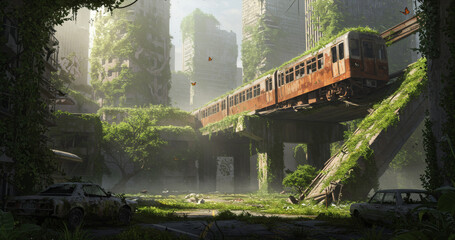 abandoned ghost town green city wasteland overgrown post apocalypse ruins