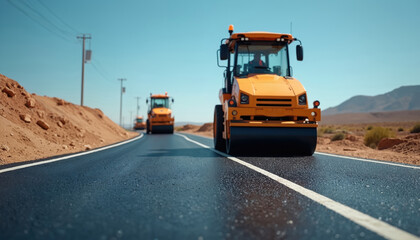 Construction machinery paving new asphalt road. Asphalt roller compactor compacts fresh tarmac. Heavy equipment, engineering project. Highway infrastructure, roadwork process, improving surface, new