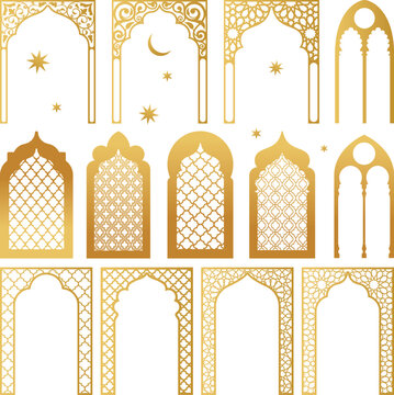 Arabic golden vector arches bundle. Arabian ornament. Doors and windows templates for design