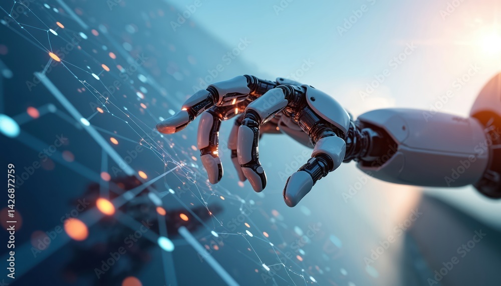 Poster robot hand touches digital network. ai tech integrates solar panels for sustainable community energy