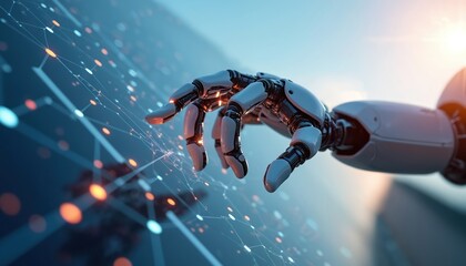 Robot hand touches digital network. AI tech integrates solar panels for sustainable community energy solutions, innovative, efficient, renewable resources. Tech powers future eco-friendly digital