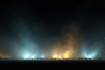 Fototapeta premium People gathered at a nighttime event with colorful lights and atmospheric effects in a dark landscape