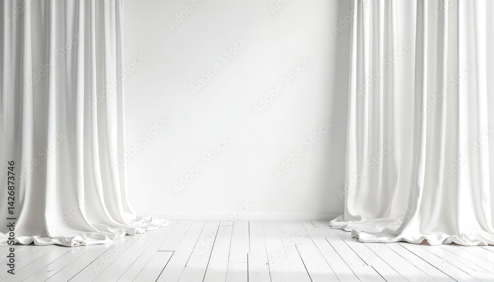 Fototapete Minimalist empty white room with abstract curtain decorated wall. Generative AI render with elegant soft silk fabric. Empty space, copy space for product placement or interior design visualization.