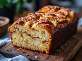 loaf of apple bread with a knife, which is placed on a wooden cutting board. The bread has a golden-brown crust and is sprinkled with cinnamon sugar.