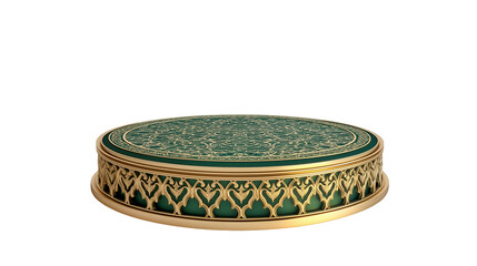 Elegant Gold and Green Ornate Round Islamic Display Stand, Islamic Podium, Islamic Luxurious Design, Isolated on Transparent Background