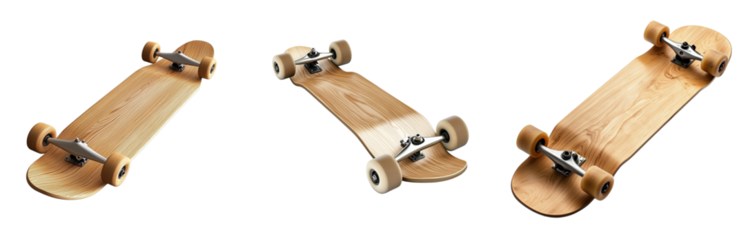 Set of Top view of a blank skateboard deck lying on a concrete floor, perfect for mockup design on transparent png background. Ai generated