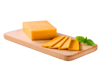 cheddar cheese cut into slices on a cutting board isolated on a white background.