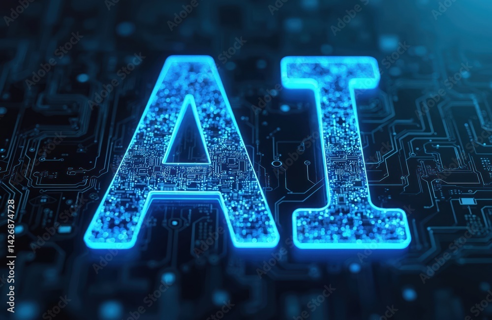 Poster Bright glowing AI letters over circuit board. Tech concept, digital transformation, machine learning, data processing on motherboard. Artificial intelligence, innovation, futuristic design background.