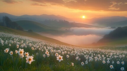 Naklejka premium Sunrise over a mountain valley filled with daffodils