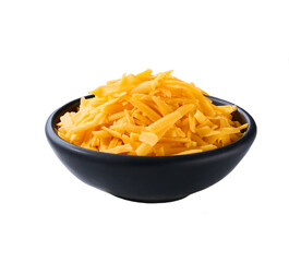 shredded cheddar cheese in a black ceramic bowl isolated on a white background.
