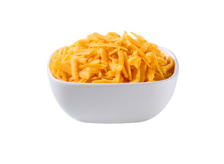 white ceramic bowl with shredded cheddar cheese isolated on a white background.