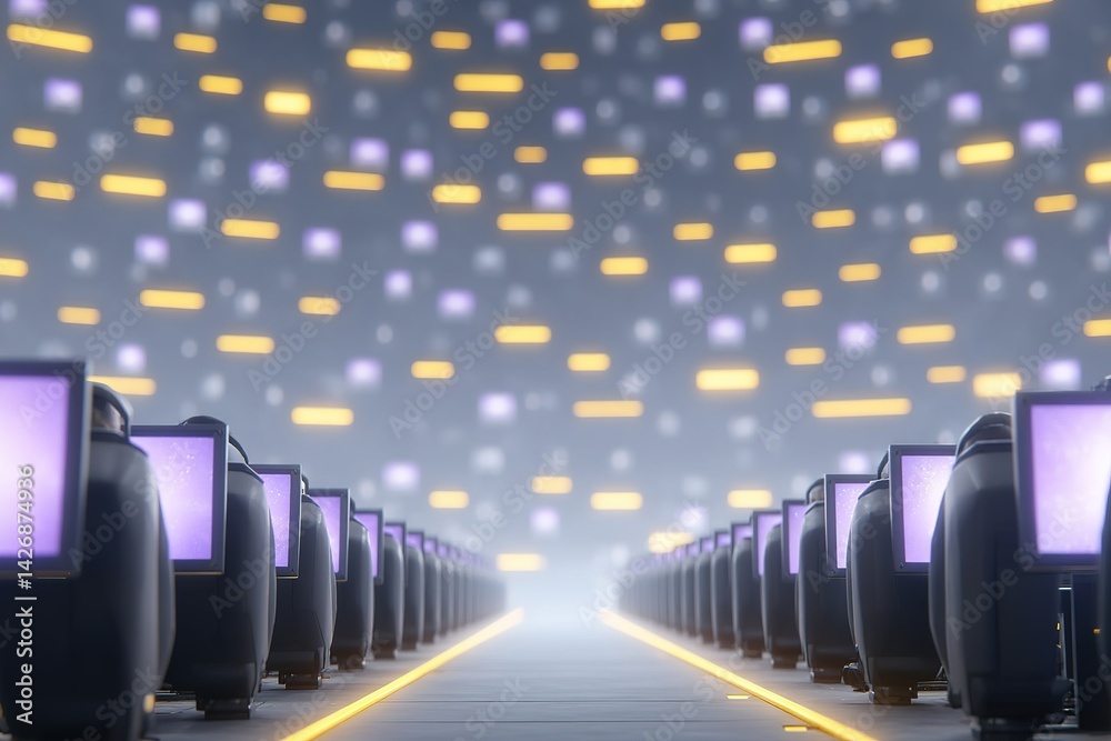 Poster technological assembly of computer terminals in a futuristic setting with illuminating lights and si