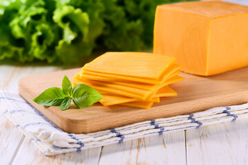 cheddar cheese slices on a light kitchen table, selective focus.