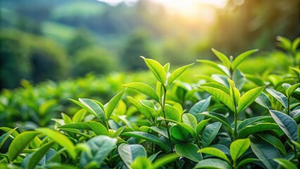 Obraz premium Dense foliage of green tea plants with large leaves and stems forming a lush canopy in a serene garden setting