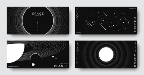 Set of abstract space astronomy horizontal backgrounds. Linear galaxy, planet, black hole. Black and white science future concept. Cosmic minimal design for cover, poster, banner, flyer, brochure © Anastasiya Stoma