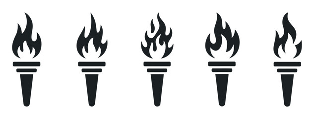 Diverse Torch Icons Symbolizing Victory,Hope,And Inspiration Black Silhouette Isolated On White Background Showing Flames