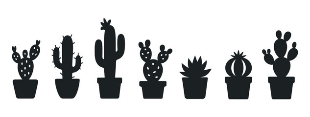 Various Potted Cactus And Succulent Plants In Black Silhouette Simple Vector Illustration On White Background