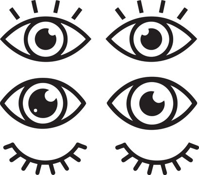 Set of four stylized eye icons with various expressions, black line art eye icons